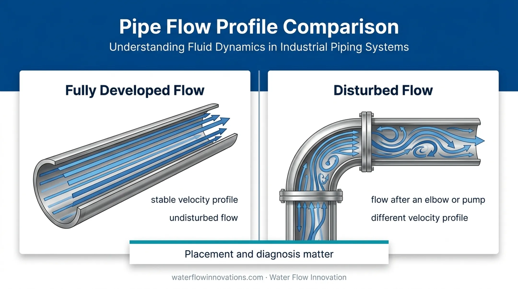 Developed versus disturbed water velocity profiles near pumps and elbows