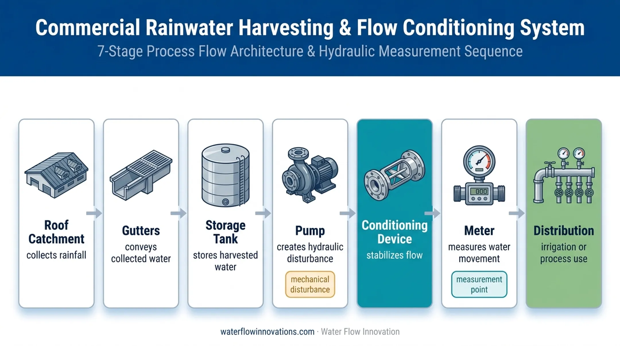 Rainwater harvesting flow path with conditioning before metering and distribution