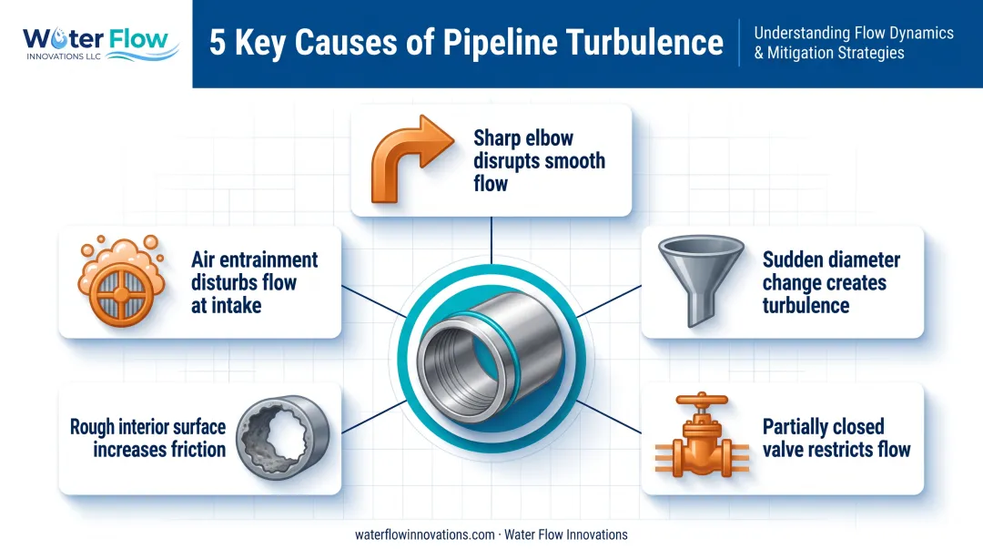 Common causes of turbulent flow in industrial water pipelines diagram