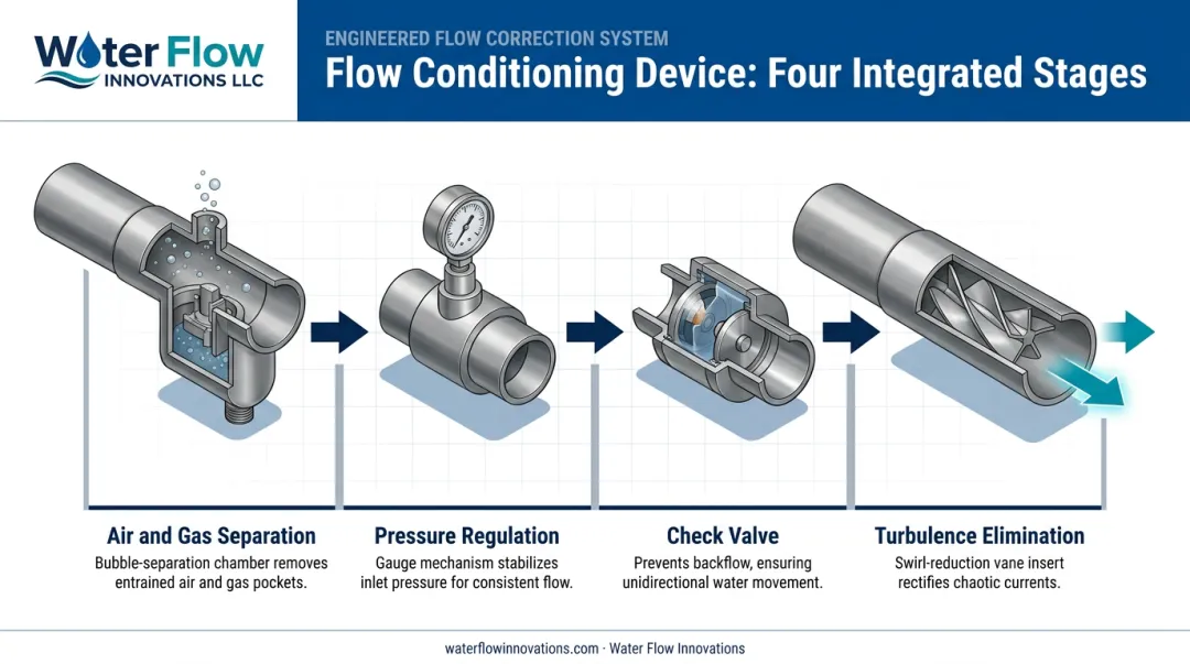 Flow Conditioning Device four component diagram reducing meter over-reading