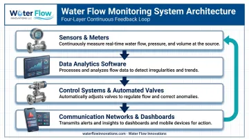 Four-layer water flow monitoring system architecture from sensors to dashboards