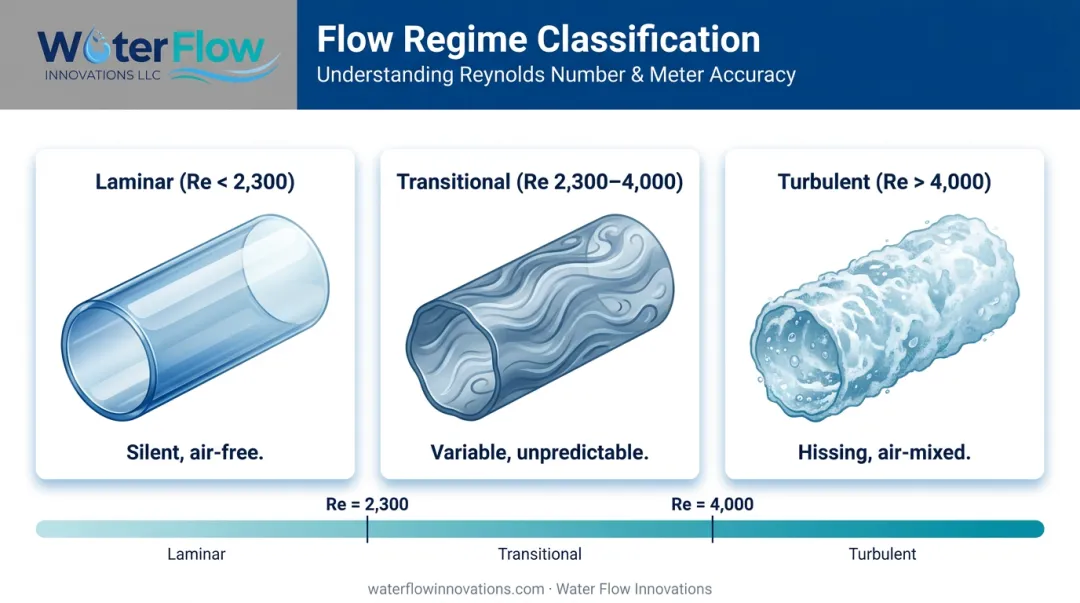 Three water flow regimes comparison chart laminar transitional and turbulent