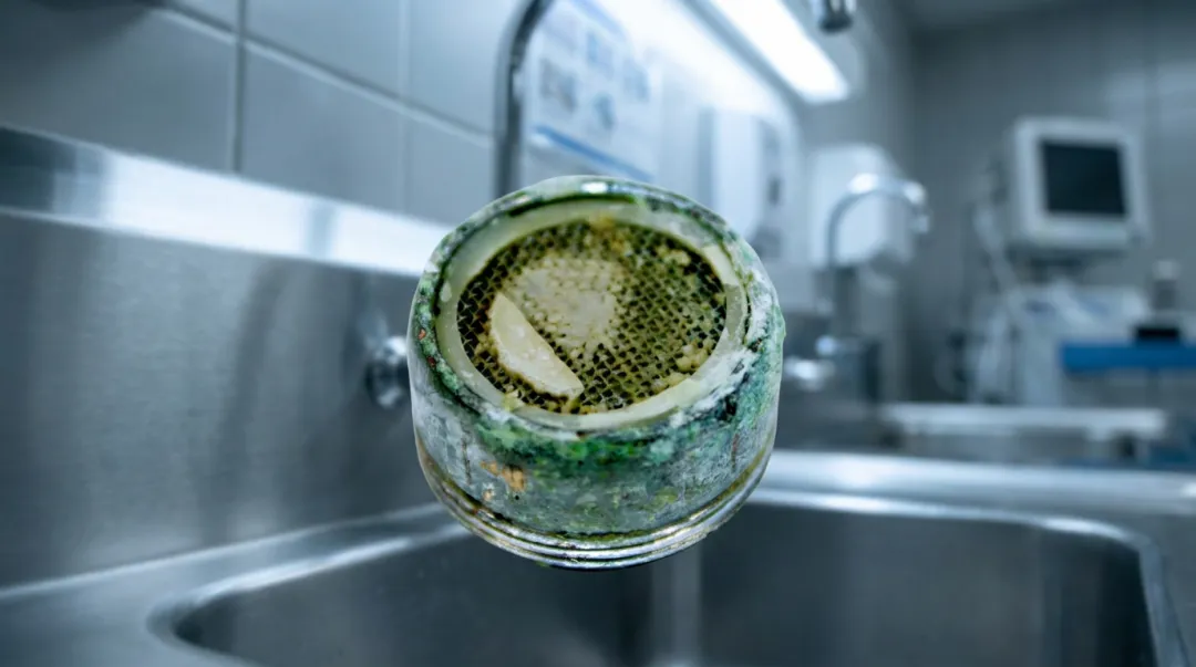 Hospital faucet aerator showing bacterial contamination risk in clinical setting