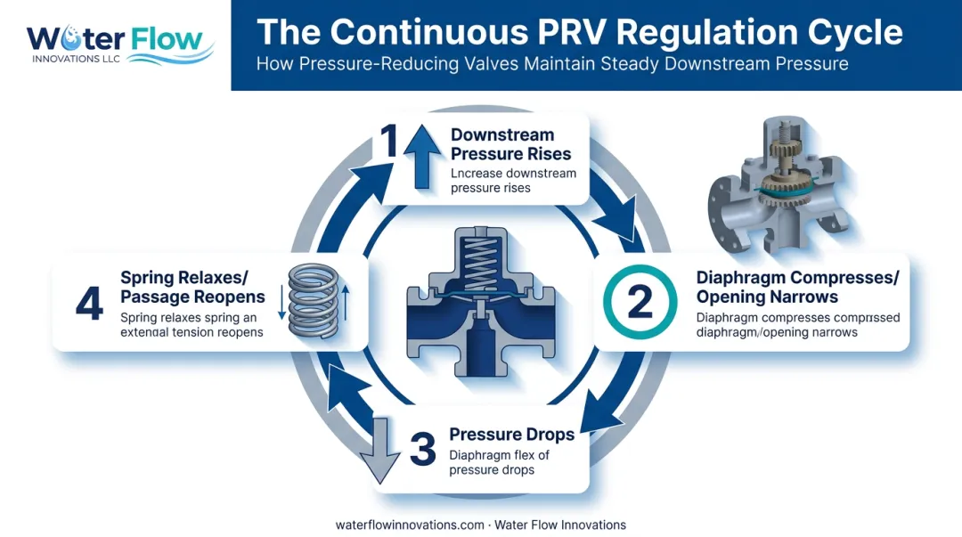 4-step pressure reducing valve spring diaphragm feedback loop cycle