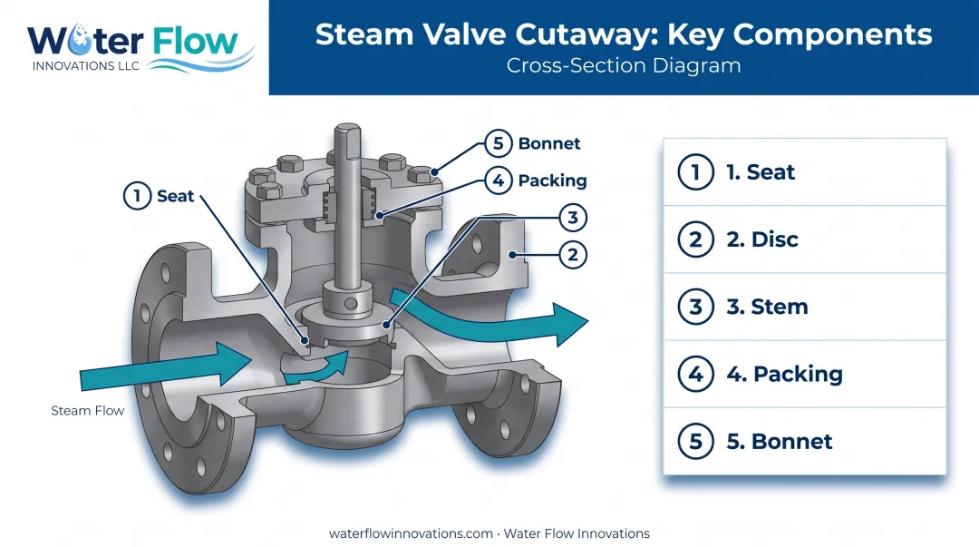 Steam valve anatomy diagram showing seat disc stem packing bonnet