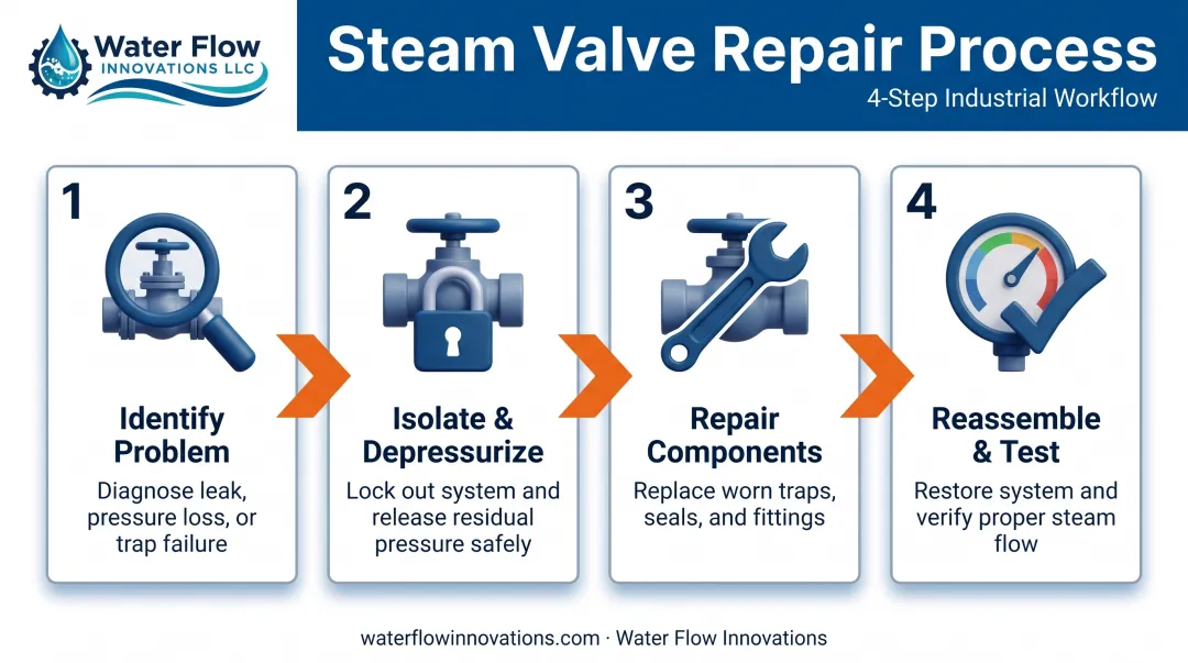 4-step steam valve repair process from diagnosis to validation testing