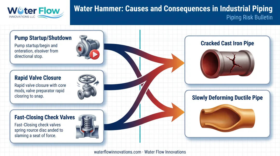 Water hammer pressure surge causes and pipe damage effects diagram