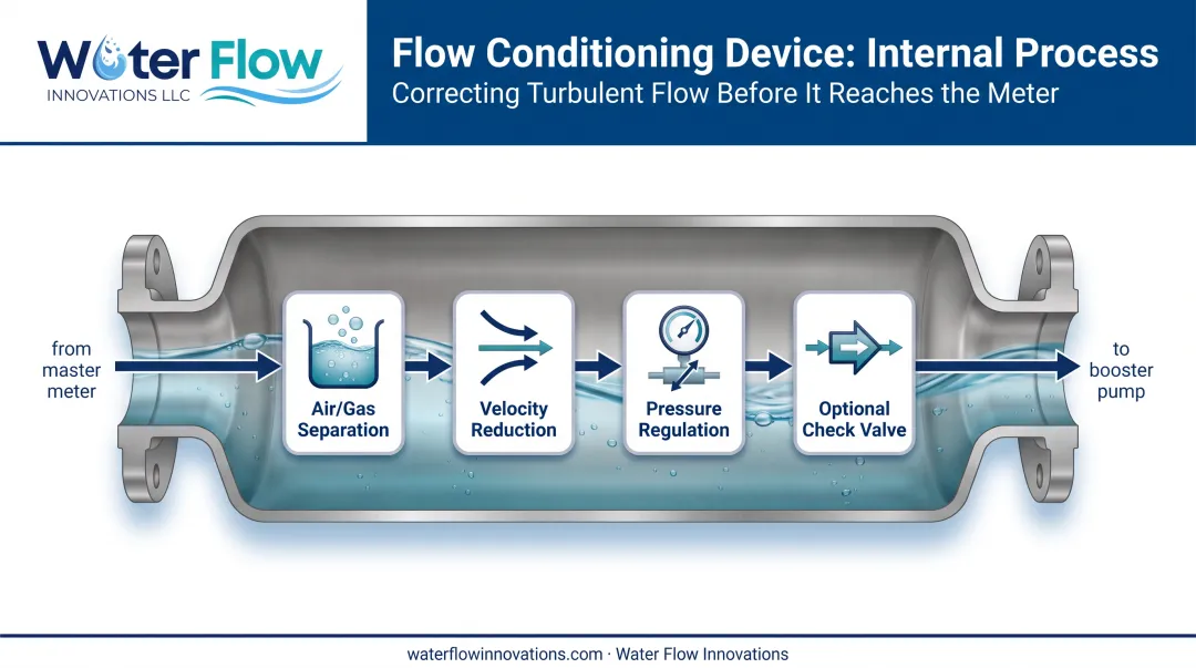 Flow conditioning device four-component design stabilizing booster pump inlet