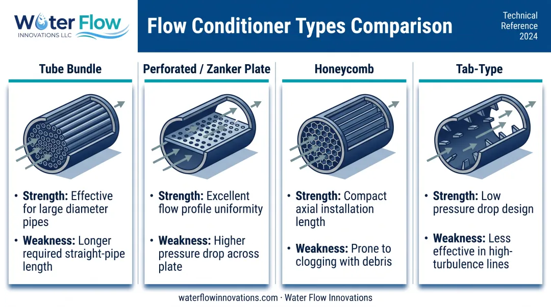 Comparison of tube bundle perforated plate honeycomb and tab-type flow conditioners
