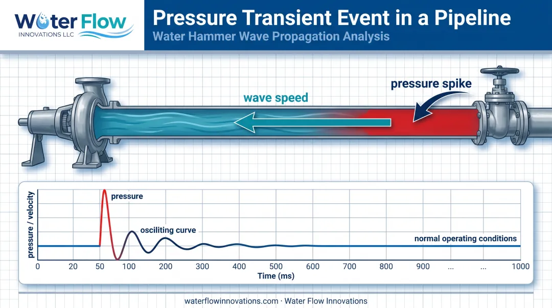 Water hammer pressure spike wave traveling through pipeline diagram