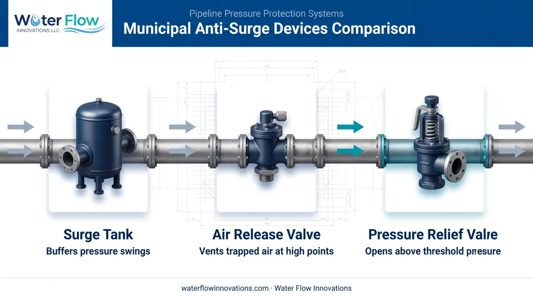 Municipal surge control devices comparison surge tanks valves diagram