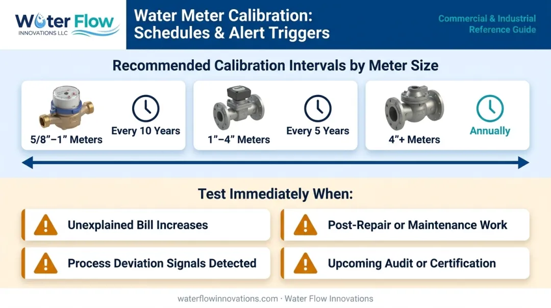 Water meter calibration frequency schedule by pipe size and trigger conditions