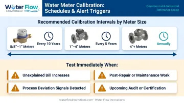 Water meter calibration frequency schedule by pipe size and trigger conditions