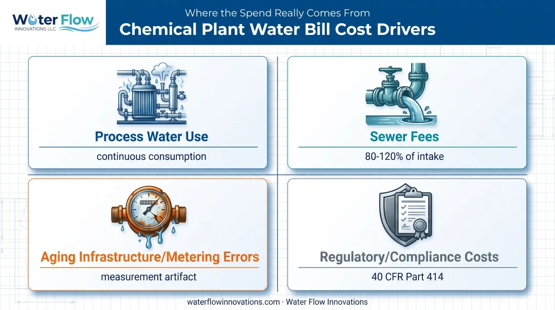 Four key water bill cost drivers in chemical processing plants compared