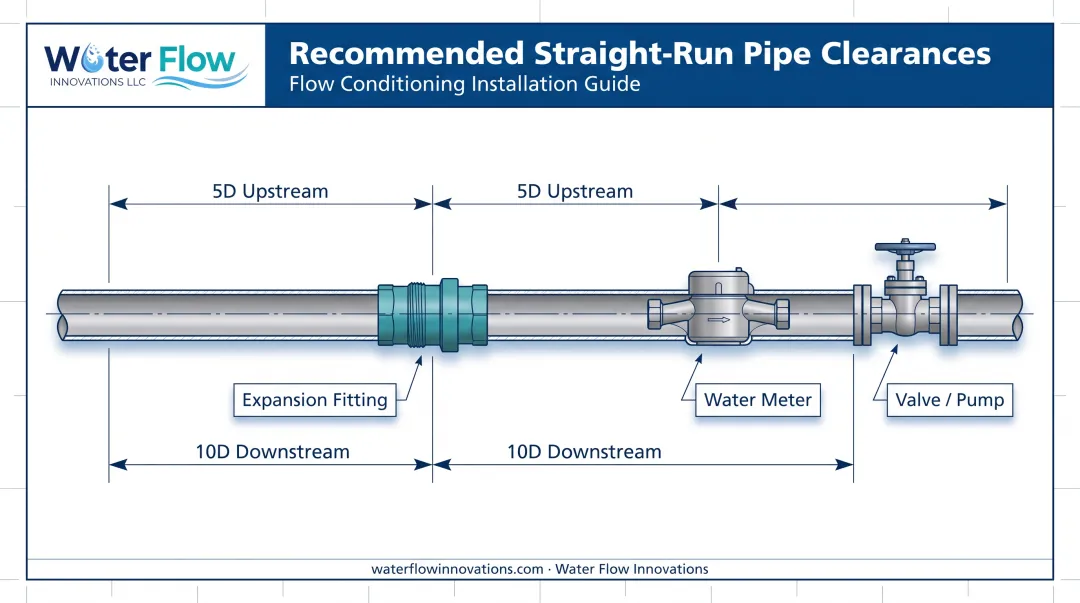 Recommended straight pipe run distances before and after expansion for meter accuracy