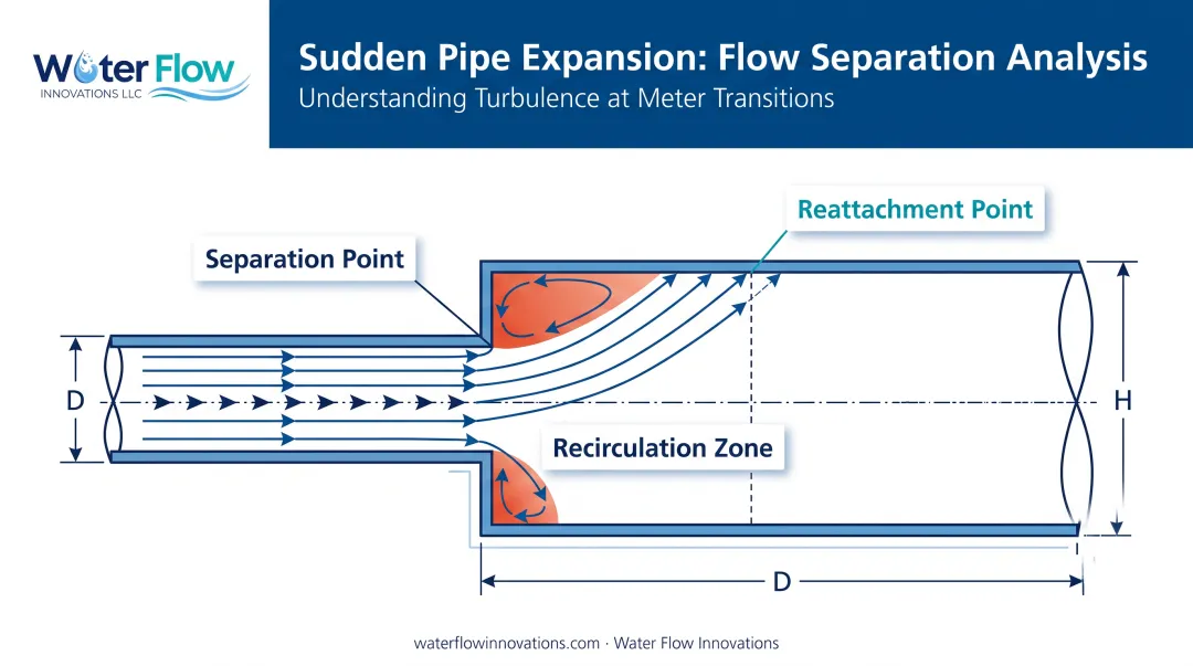 Flow separation and vortex formation diagram at sudden pipe expansion