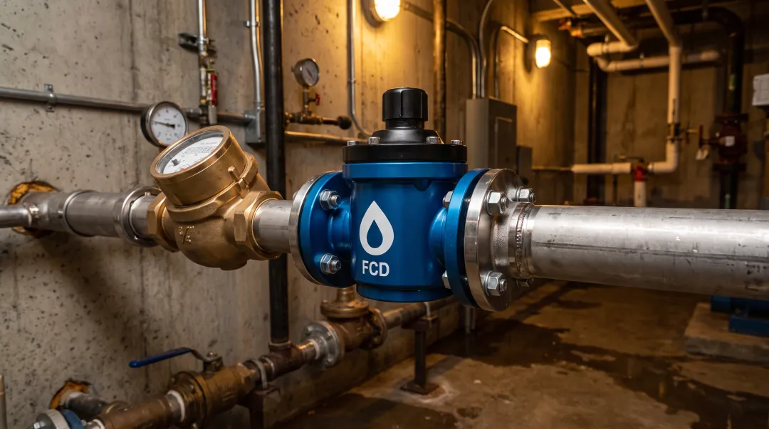 Flow Conditioning Device installed inline at pipe flange near water meter
