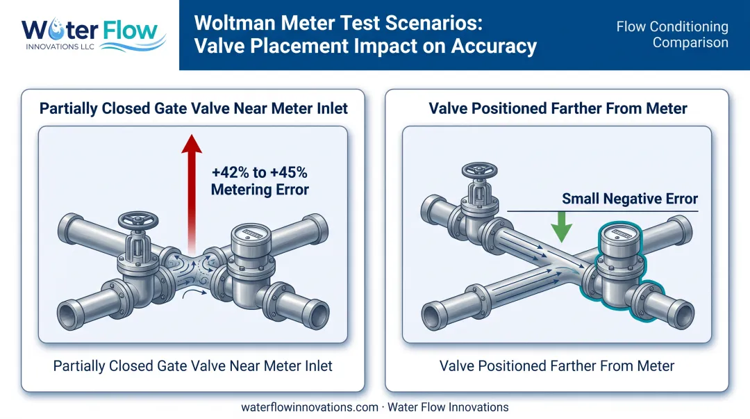 Water meter error percentages from disturbed flow valve configurations