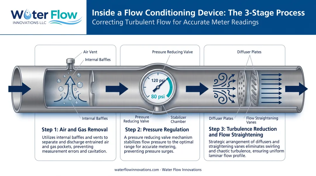 Three-step flow conditioning process from air removal to turbulence elimination