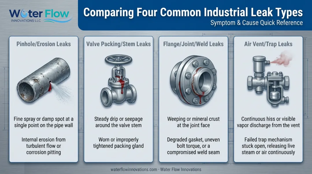 Four common steam pipe leak types symptoms and causes comparison