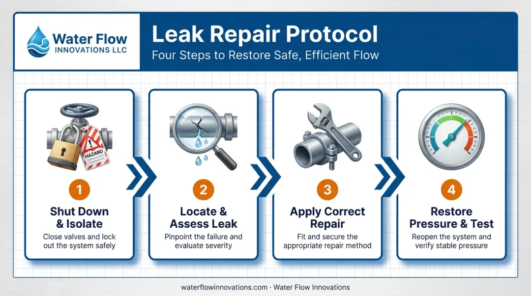 4-step steam pipe repair process from isolation to testing flow