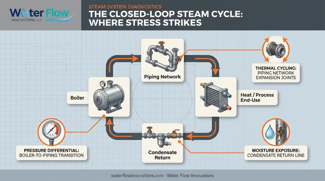 Steam pipe system cycle showing three key wear stress factors