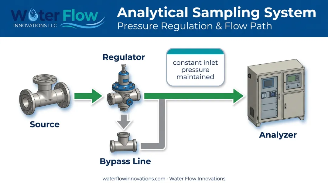 Back-pressure regulator flow diagram controlling analyzer inlet pressure