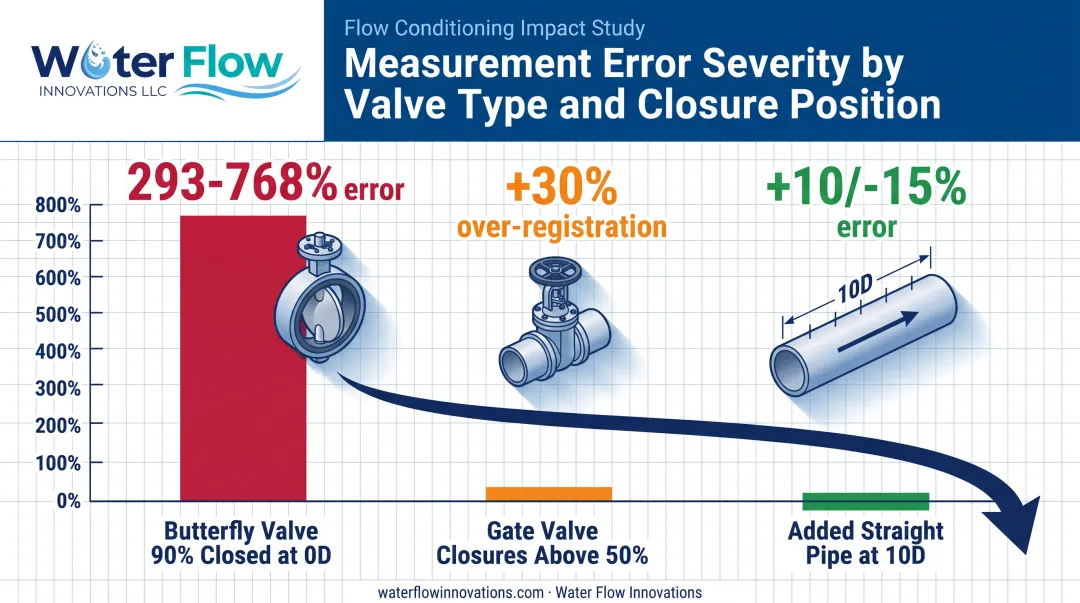 Valve closure position versus flow meter error percentage comparison chart