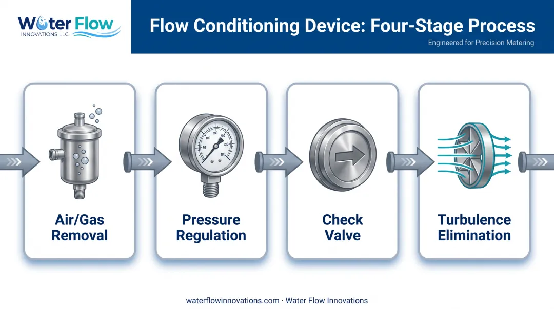 Four-component flow conditioning device system diagram with function labels