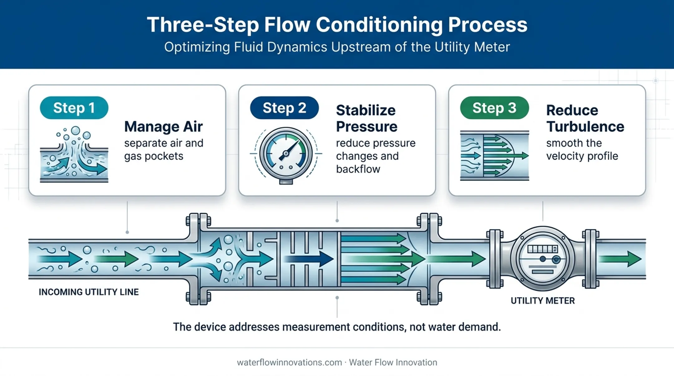Three-step water meter flow conditioning process for ethanol plants