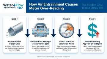 Air entrainment flow meter over-reading cycle causing inflated utility bills