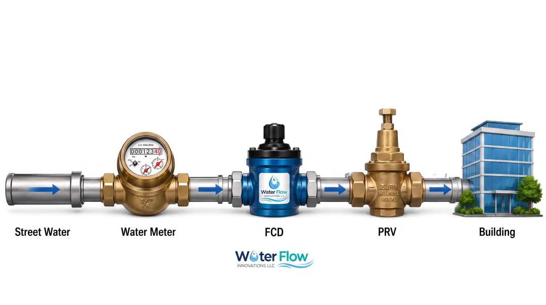 Flow Conditioning Device installed at water meter reducing turbulence and bills