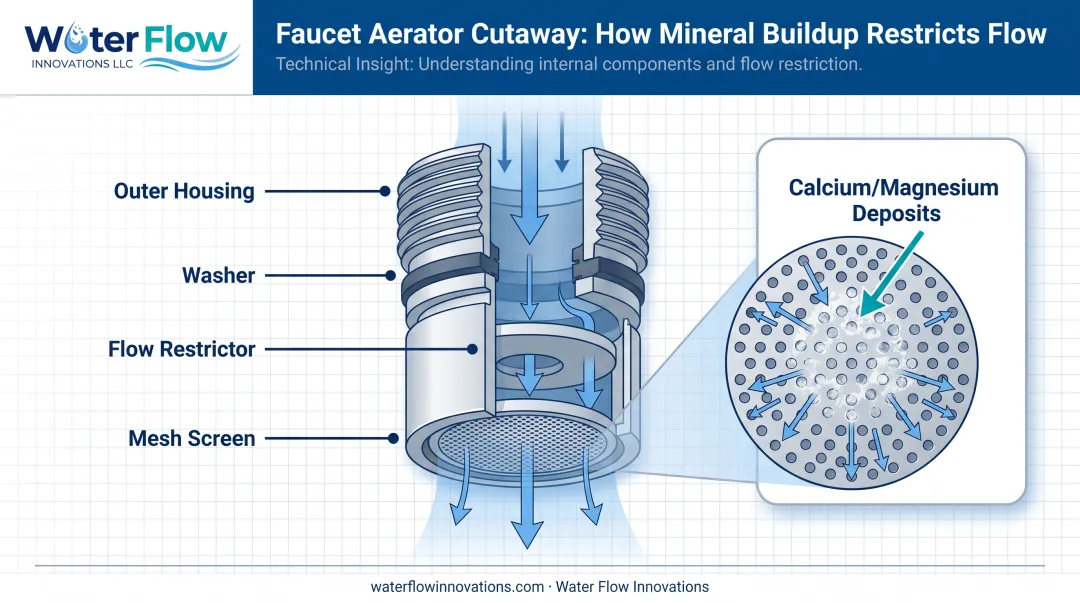 Faucet aerator diagram showing mesh screen mineral buildup causing uneven spray