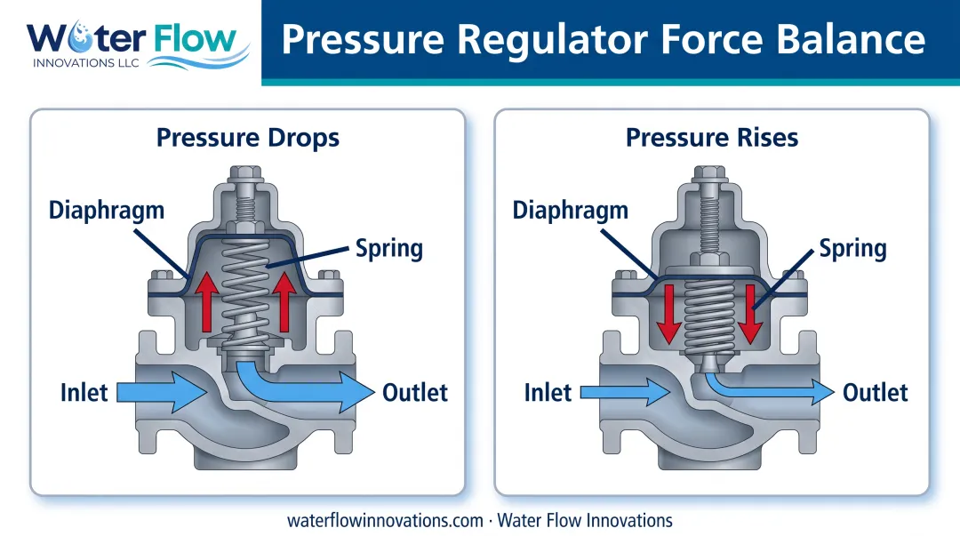 Force balance principle diagram showing regulator diaphragm spring pressure feedback loop