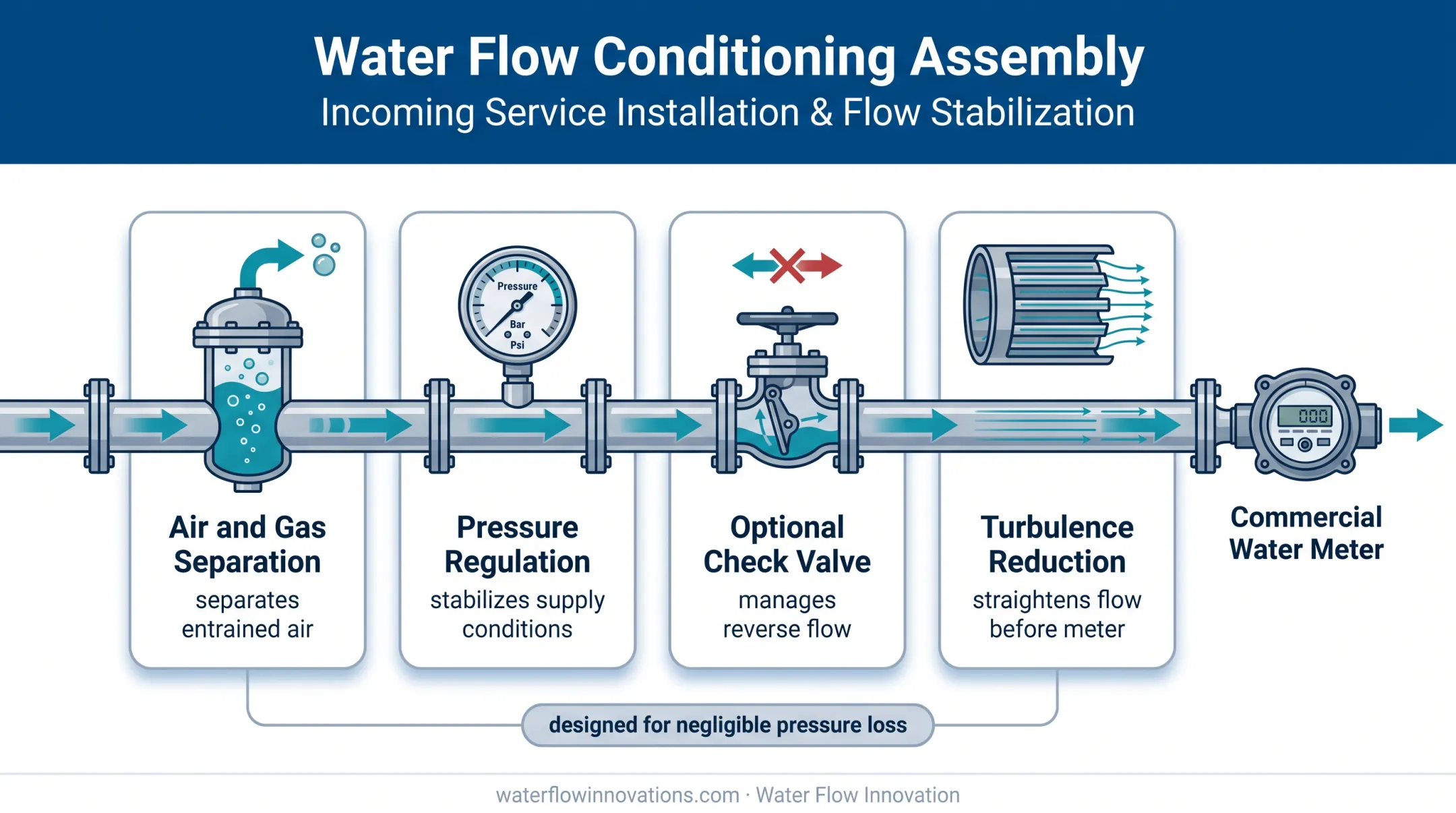 Four-component water flow conditioning assembly before meter