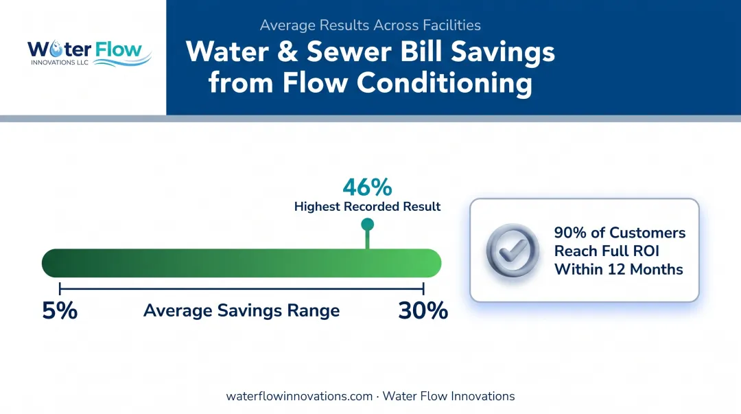 Average water bill savings percentage range from flow conditioning device installation