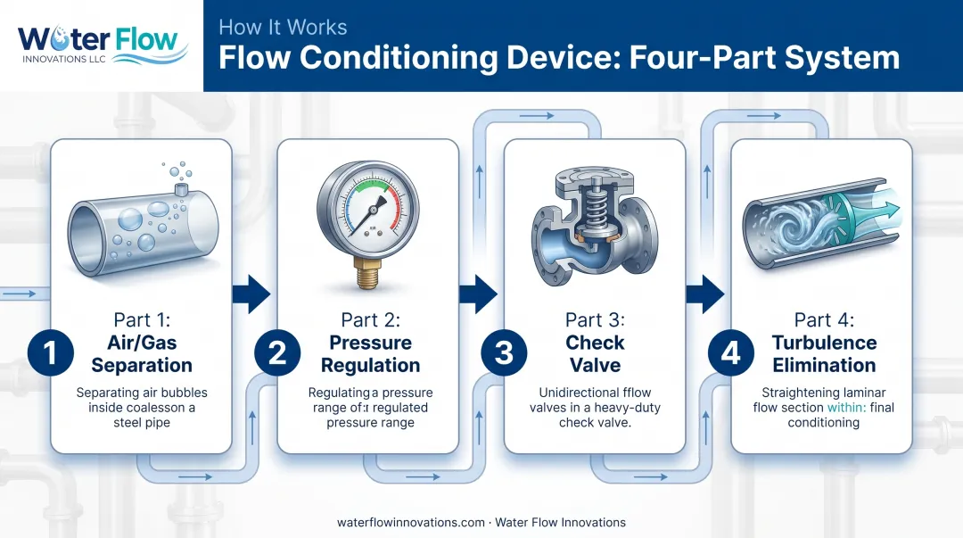 Flow Conditioning Device four-part system correcting water meter over-reading