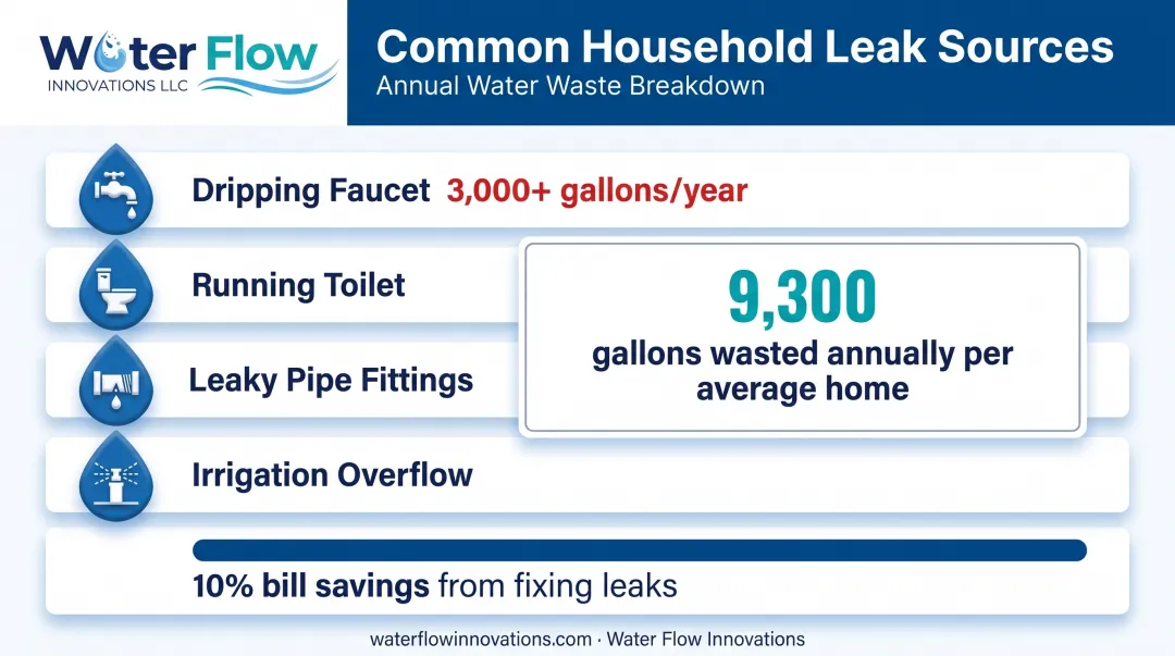 Household water leak sources and annual gallon waste statistics breakdown
