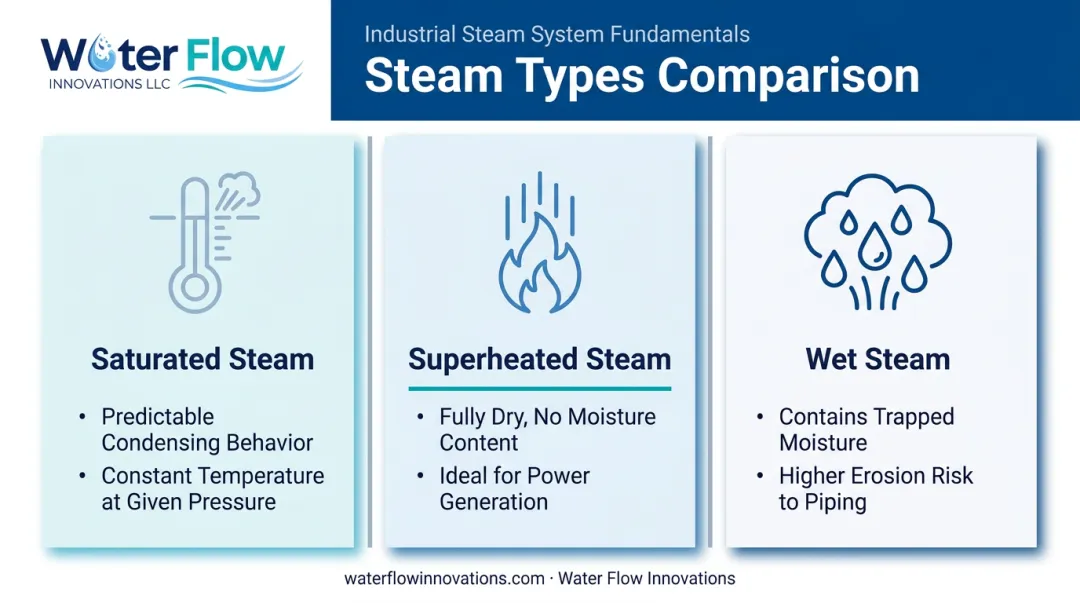 Saturated superheated and wet steam types compared by characteristics