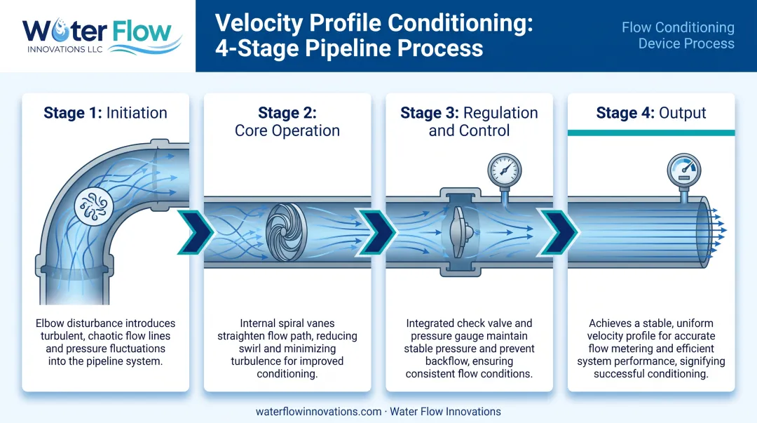 Four-stage flow conditioning process from initiation to output