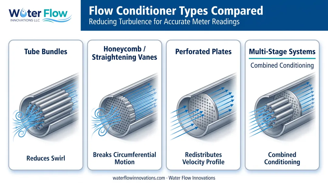 Four common types of velocity profile conditioners comparison diagram