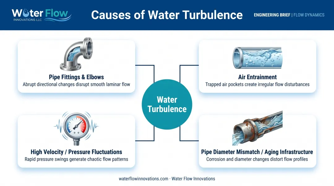 Four main causes of water turbulence in pipe systems diagram