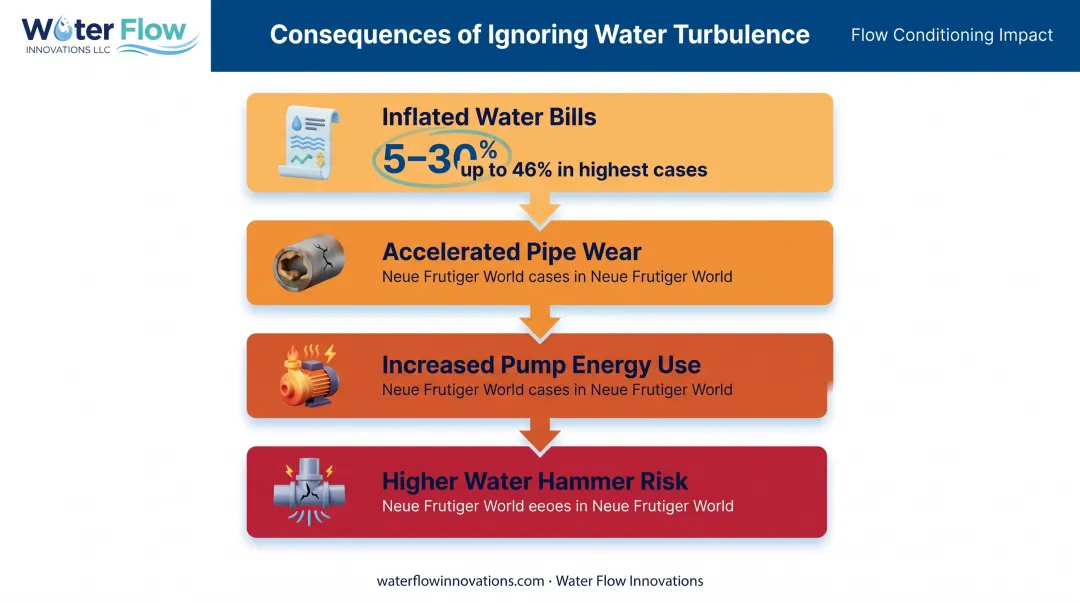 Impact of ignored water turbulence on bills and pipe wear infographic