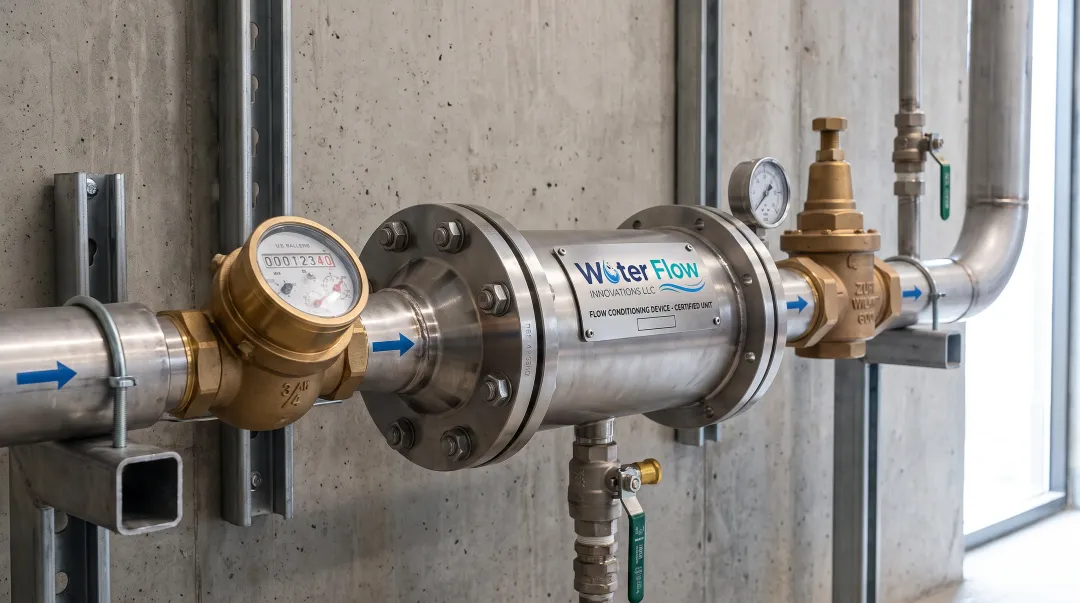 Flow Conditioning Device stainless steel unit installed on commercial pipeline