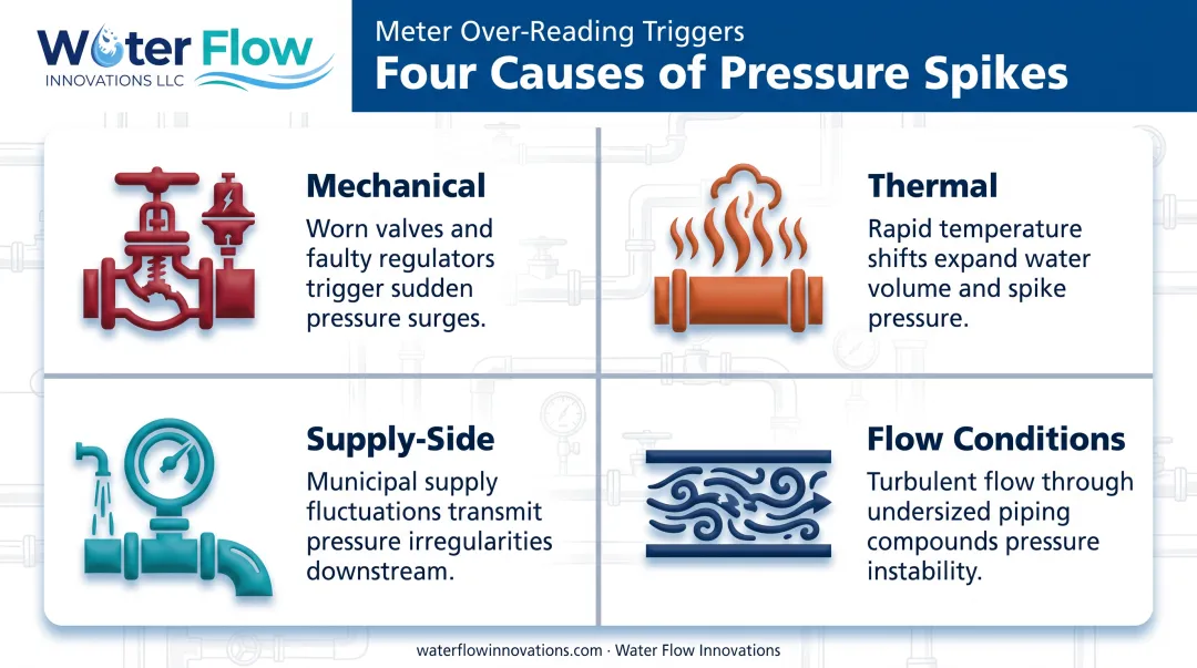 Four common causes of water hammer pressure spikes diagram