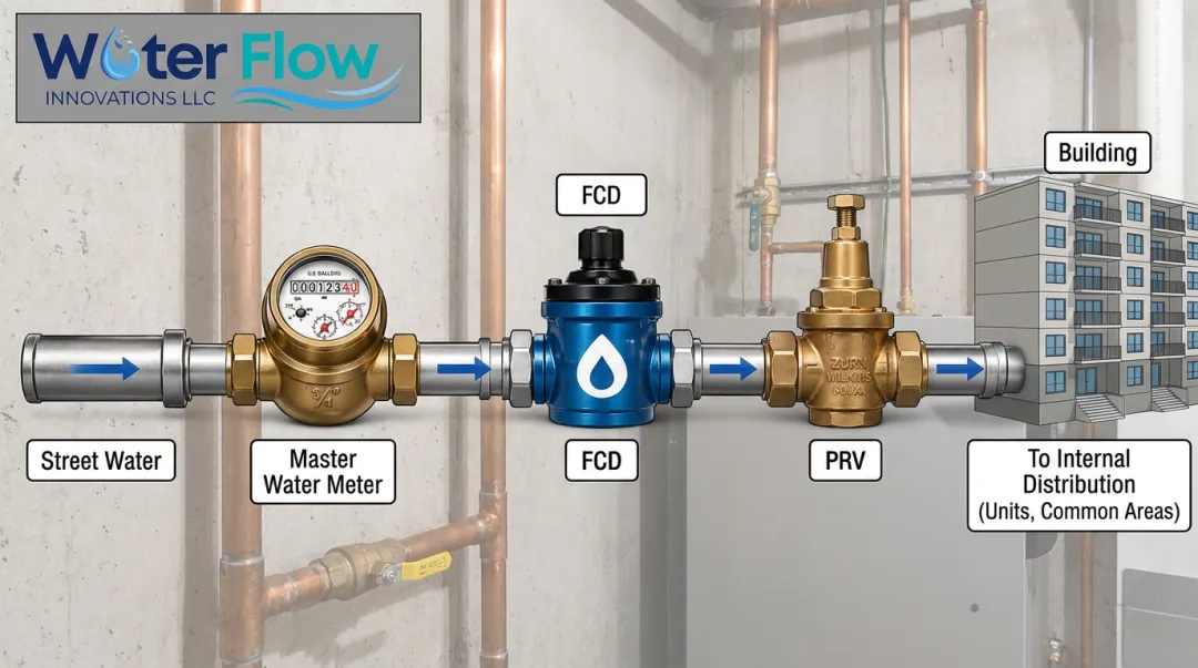 Flow Conditioning Device installed on building master water meter system