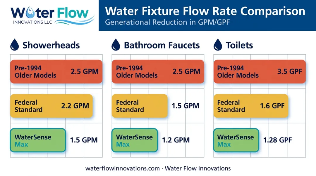 Fixture flow rate comparison chart pre-1994 versus WaterSense standards