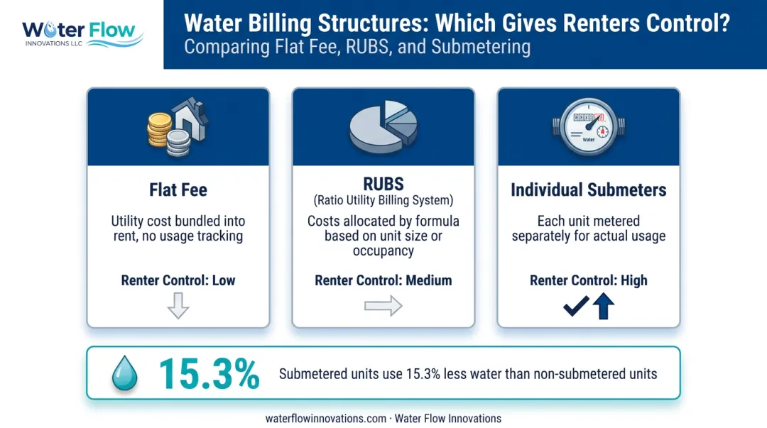 Billing structure comparison flat fee versus RUBS versus submetered water usage