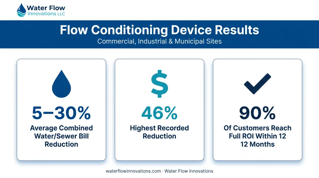 Flow conditioning device water and sewer bill savings results