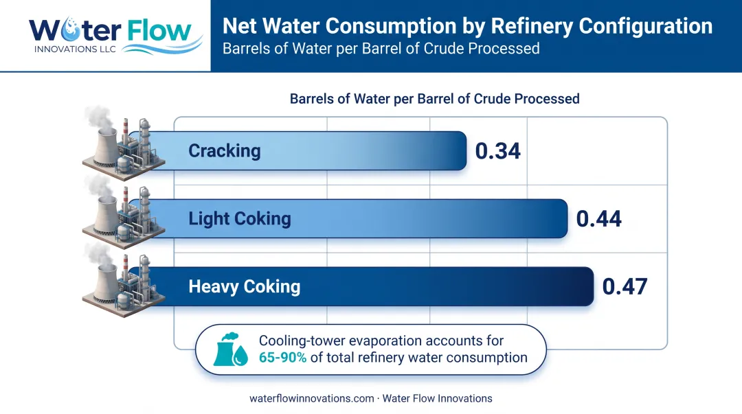 Refinery water consumption comparison across crude processing configurations